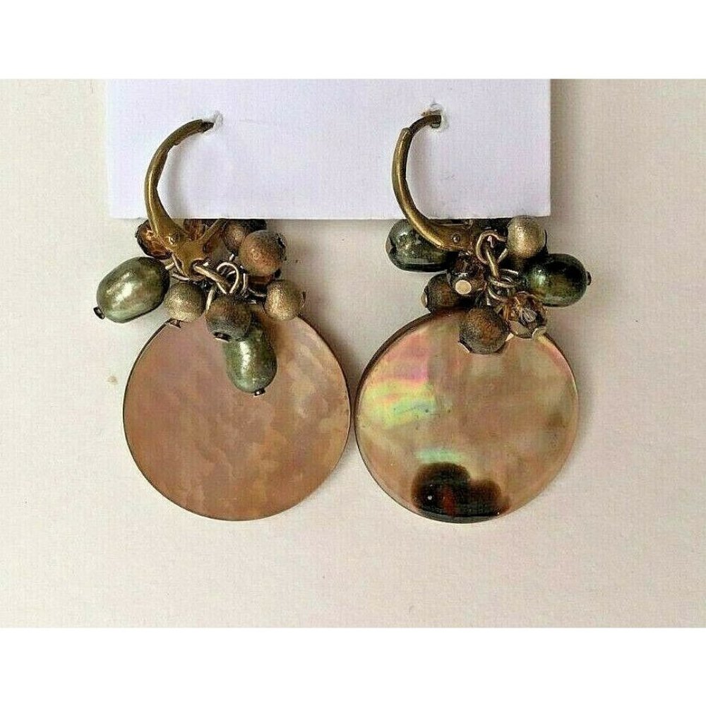 Bronze MOP Disc Fringe Dangle Earrings Faux Seed Pearl Wood Glass Brass Beads - Picture 2 of 2